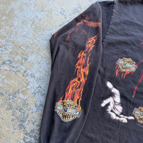 Y2K Harley Davidson Jester Flaming Flames Sleeves Faded Black Sz L - Picture 3 of 8